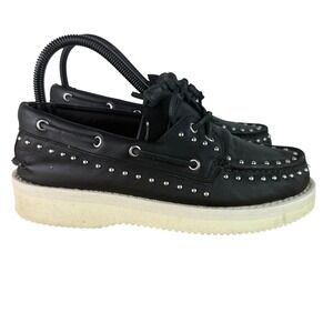 Studded Platform Loafers Women's Black Leather Boat Shoes‎